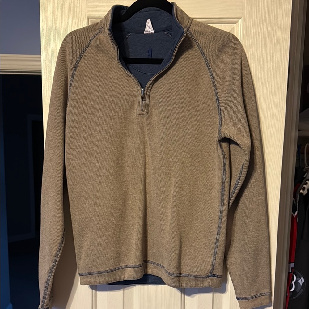 Tan Zip Up Sweater with High Collar and Sporty Design